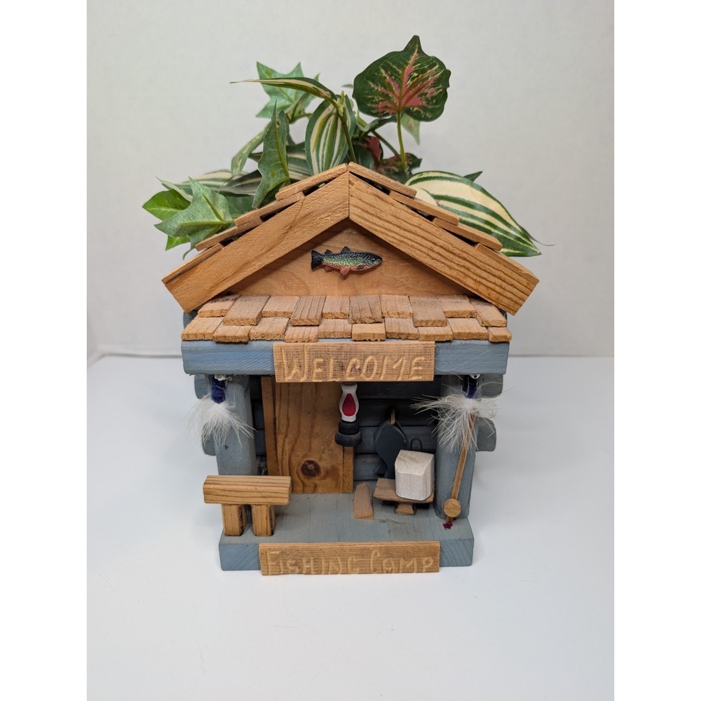 Rustic Fishing Cabin Decor w/ Faux Plant Log Cabin "Welcome Fishing Camp" Lodge